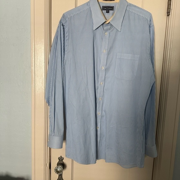 Paul Fedrick Shirt Trim Fit Blue & White Stripe Flip Cuff Button Up Sz 18 36 - Picture 2 of 6